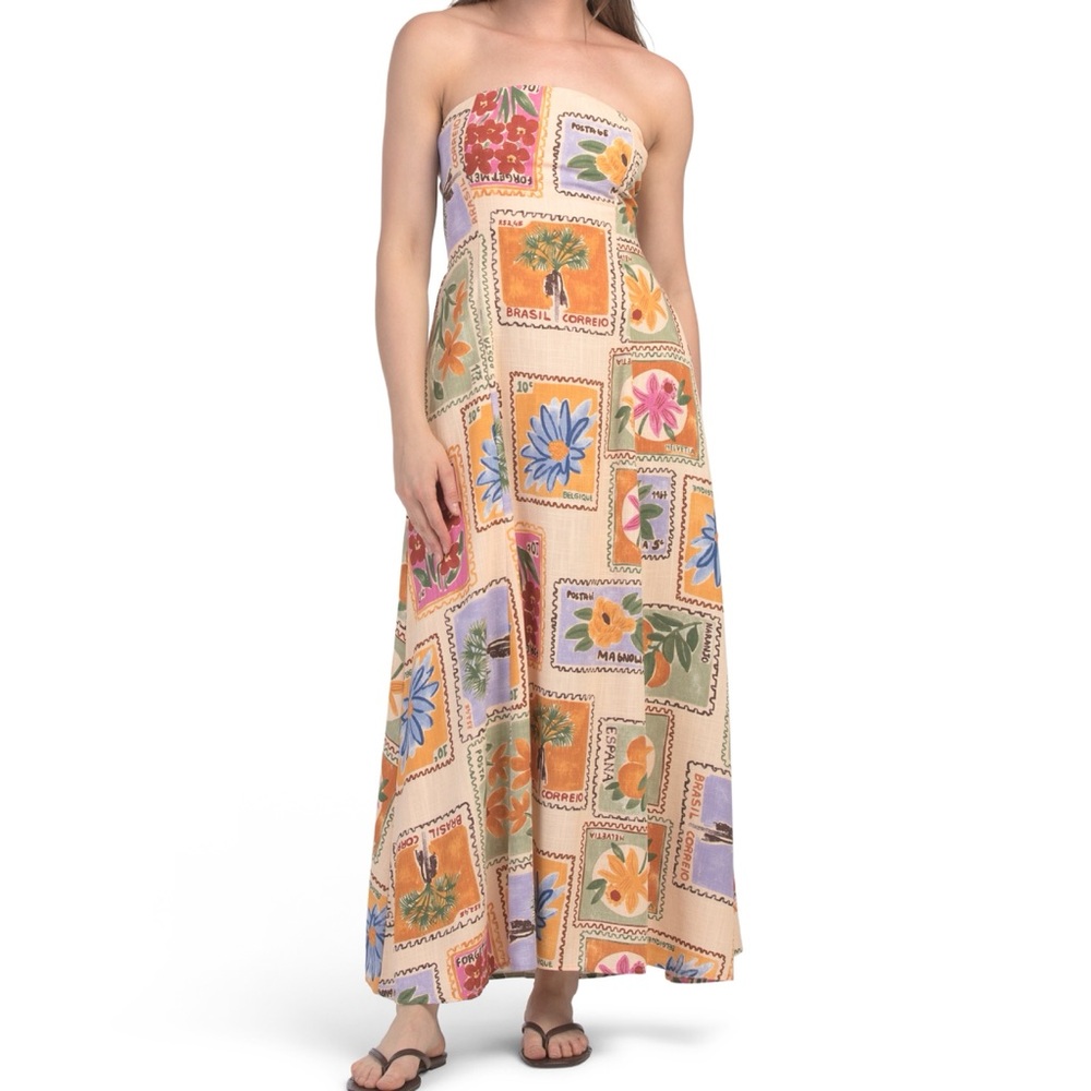 NWT Paperheart Linen Strapless Tie Back Viral Maxi Dress Sz Large‎ Postage Stamp